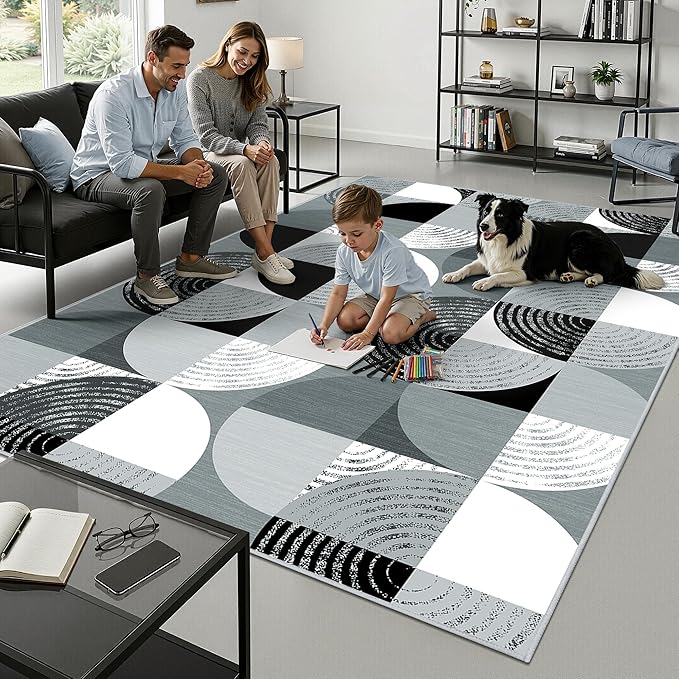 Merelax 5x8 Area Rug for Bedroom Livingroom - Washable Non-Slip Large Area Rug, Indoor Floor Carpet Low Pile Soft Rug for Dining Room, Mudroom, Modern Aesthetic Abstract Geometric Decor, Black/Grey