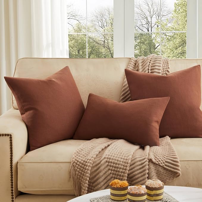 ZeeMart Rustic Cotton Linen Throw Pillow Covers Set of 2, 16x16 Inch Terracotta, Farmhouse Style Decorative Couch Pillow Cases Cushion Covers for Sofa Bed Living Room Home Decor