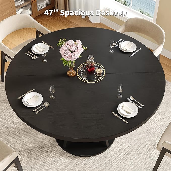iPormis 47 Inch Round Dining Table for 4-6 People, Wooden Dining Room Table with Pedestal Base, Modern Kitchen Table for Small Spaces, Black, Table Only