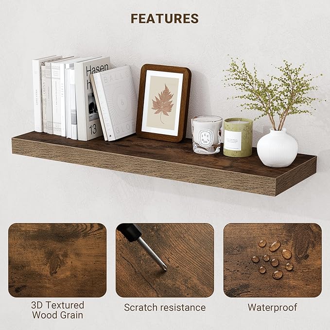48 Inch Floating Shelves, 48"x9.25"x1.5" Inch Deep Floating Shelves for Wall, Wooden Shelves for Bathroom, Bedroom, Living Room, Brown, 1 Piece