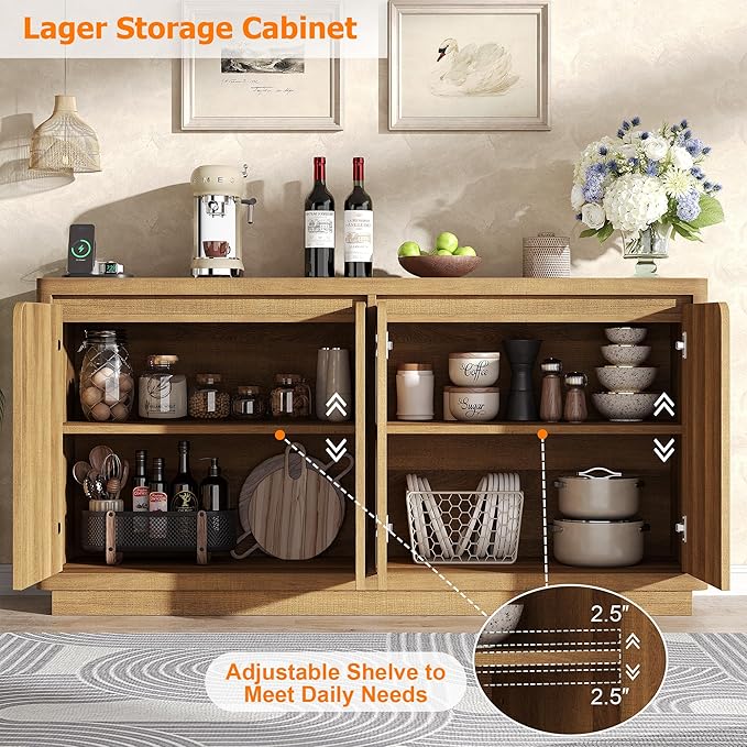 Buffet Cabinet with Storage, Outlet & Adjustable Shelves, Sideboard Cabinet with Double-Arc Doors, Classic Modern Wood Console Table & Credenza for Dining Room & Entryway