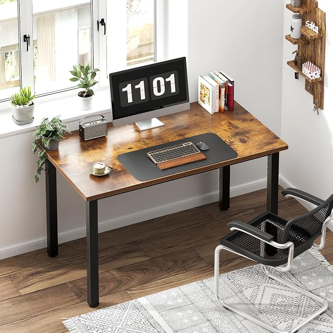 Need 39.4 inch Small Computer Desk, Sturdy Writing Desk for Small Spaces, Teens Computer Desks Study Table Laptop for Home Office, Black Metal Frame, Rustic Brown Tabletop