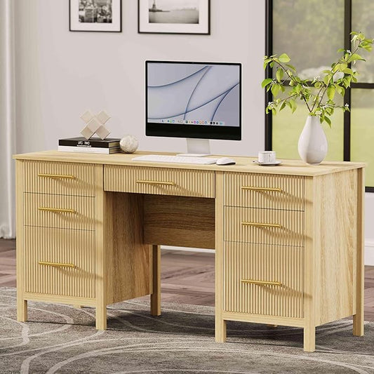 Modern Executive Desk with Drawers: 60" Oak Home Office Desks with File Drawers, Wood Fluted Computer Writing Desk for Work, Study, and Living Room (60")