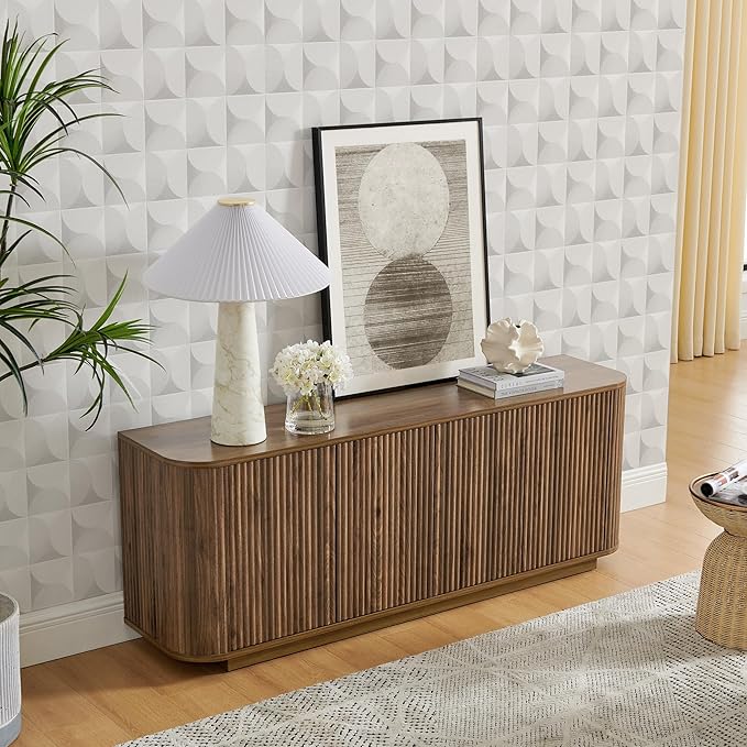 LKTART 64" Sideboard Buffet Cabinet with Storage, Wooden Fluted Storage Cabinet Sideboard Credenza with Adjustable Shelves Pressed Spring for Kitchen Living Room (Walnut)