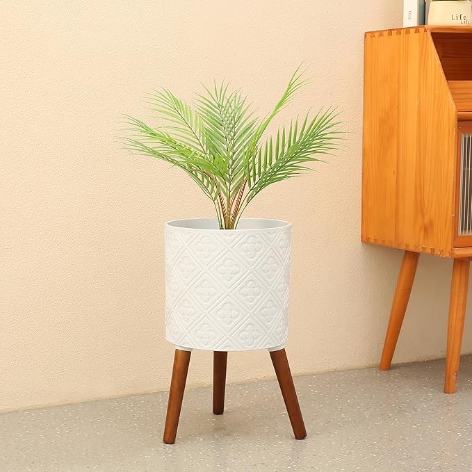 12 Inch Planter with Stand, Planter for Indoor Plants, Modern Large Flower Planter Pot with Drainage Holes for Outdoor,Matte White