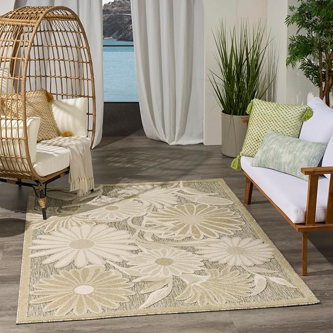 Nourison Home Aloha Ivory Sage 5'3" x 7'5" Area Rug - Easy Clean, Non Shedding, Bed Room, Living Room, Dining Room, Kitchen (5' x 8')