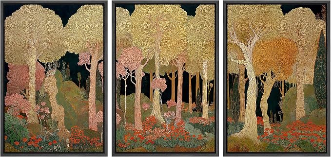 wall26 Framed Print Wall Art Set Art Nouveau Golden Forest Whimsical Vintage Tree and FloralDecorative Minimal Relax/Zen for Living Room, Bedroom, Office - 24"x36"x3 BLACK