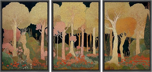 wall26 Framed Print Wall Art Set Art Nouveau Golden Forest Whimsical Vintage Tree and FloralDecorative Minimal Relax/Zen for Living Room, Bedroom, Office - 24"x36"x3 BLACK