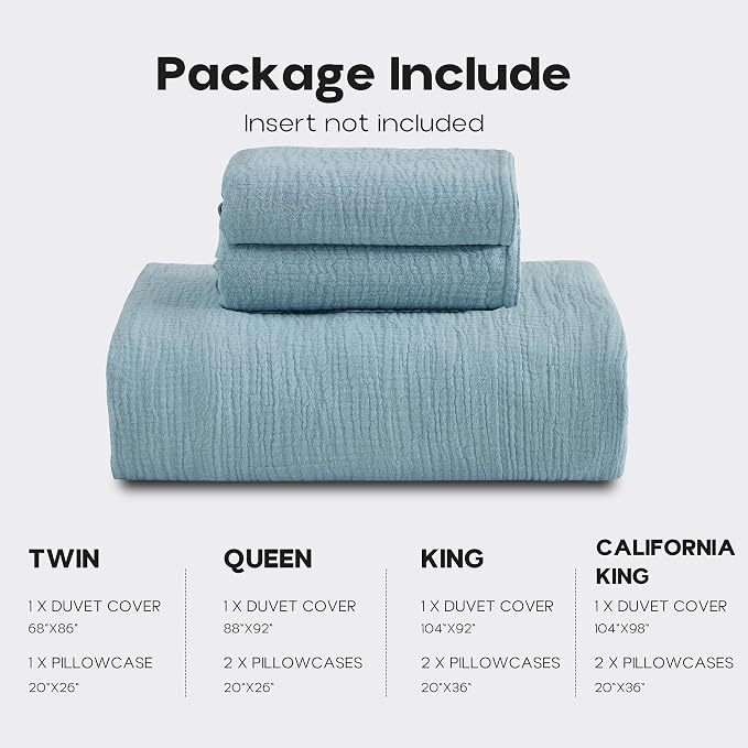 Simple&Opulence Linen Muslin Duvet Cover Set Queen Size, 3Pcs Blue Linen Cotton 3-Layer Gauze Minimalist Comforter Cover 88”x92”, Ultra Soft Breathable Seersucker Bedding Set with 2 Pillowcases