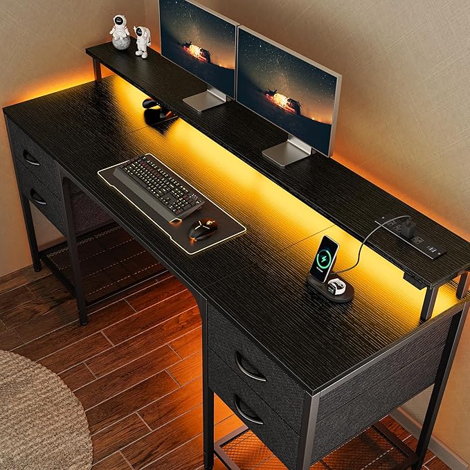 Huuger 63 inch Computer Desk with 4 Drawers, Gaming Desk with LED Lights & Power Outlets, Home Office Desk with Large Storage Space for Bedroom, Work from Home, Black