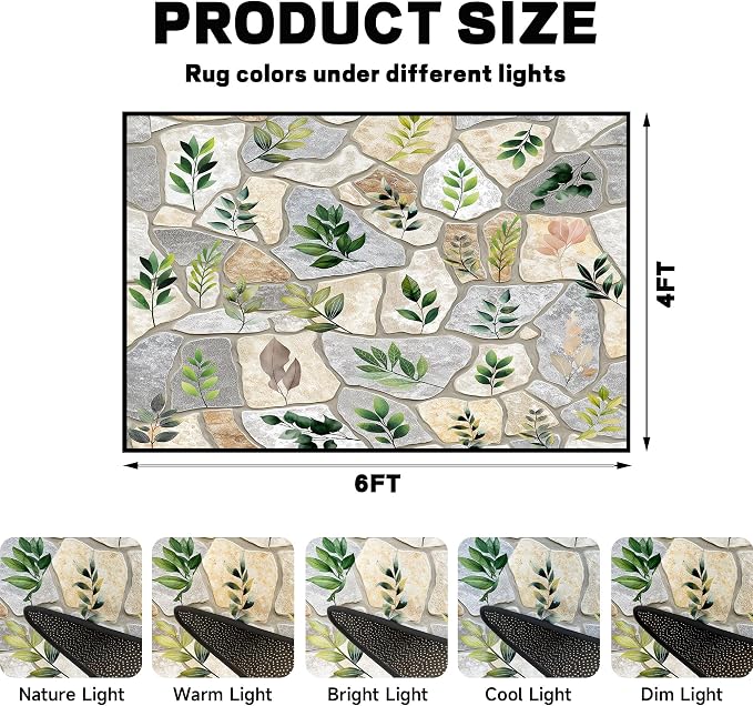 4'x6' Optical Illusion Rug 3D Stone Floor Mat Green Leaf Botanical Area Rug Rustic Nature Washable Carpet for Bedroom Living Room Kitchen Nursery Playroom Home Decor