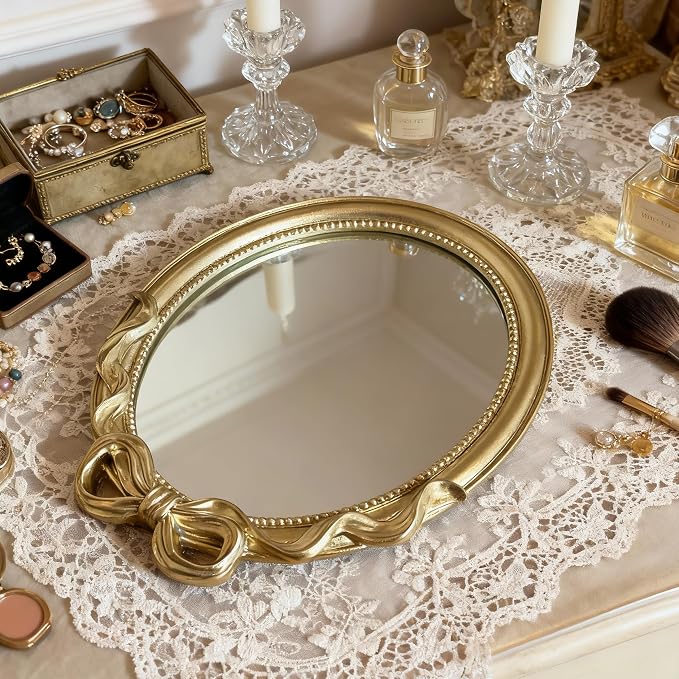 Vintage Vanity Desk Mirror - 13x10 Inch Wall-Mounted & Tabletop Decorative Ornate Gold Accent Retro Makeup Mirror for Bedroom Dresser Bathroom Living Room Dorm Oval