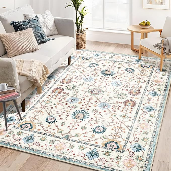 MUJOO 5x7 Area Rugs,Washable Rugs for Living Room Bedroom Bedside,Blue Boho Non Slip Carpet Indoor,Vintage Soft Teal and Pink Floral Rug