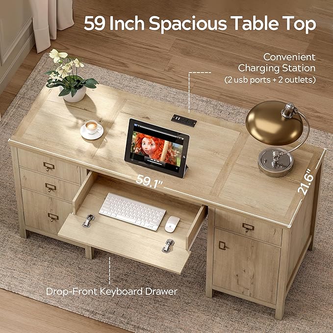 EYYTHUNG Modern Executive Desk with File Drawers Cabinet,59" Computer Desk with Charging Station, Keyboard Tray, Large Home Office Desk, Farmhouse Wood Desk for Study, Writing, Light Oak