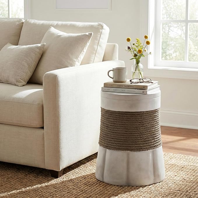 ø14'' Faux Concrete Cement Round Side Table End Table, Modern Contemporary Minimalist Retro Style, MGO Material for Indoor & Outdoor, No Assembly, Woven Rope & Fan-Base, Brown & Gray