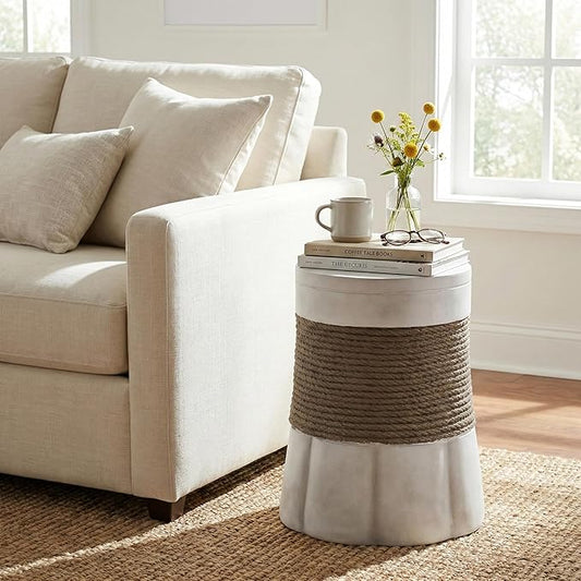 ø14'' Faux Concrete Cement Round Side Table End Table, Modern Contemporary Minimalist Retro Style, MGO Material for Indoor & Outdoor, No Assembly, Woven Rope & Fan-Base, Brown & Gray