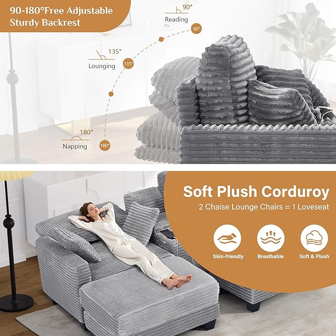 Oversized Chaise Lounge Chair Indoor with Adjustable Backrest, USB, Cup Holder & Ottoman, Firm Solid Wood Frame with Long Service Life Corduroy Oversized Lounge Reading Chair for Study Room - Grey