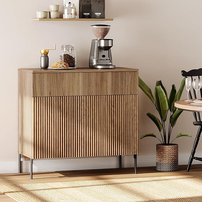 WAMPAT 31.5" Buffet Sideboard Cabinet with Storage, Wood Credenza Console Table with 1 Drawer & 2 Doors, Coffee Bar Cabinet, Wine Bar Storage for Dining Room, Living Room, Light Walnut