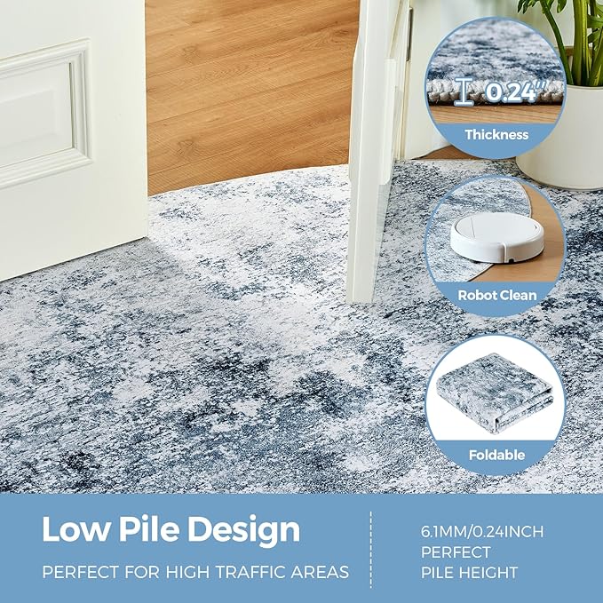 WITSHOCK 8ft Round Area Rug for Living Room: 8x8 Washable Neutral Modern Abstract Soft Thin Rug Indoor Floor No Slip Rug Carpet for Bedroom Under Dining Table Home Office Decor (Blue)