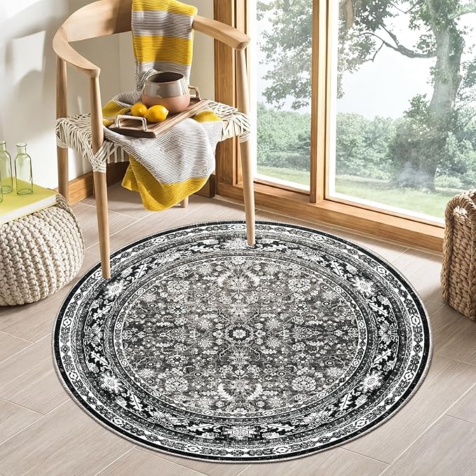 OPPODREAM Vintage Black Round Rug 3ft, 3 ft Retro Washable Circle Rug Non Slip, Low-Pile Faux Wool Circular Carpet, Distressed Floor Mat for Living Room, Bedroom, Office, Dorm, Dinning Room