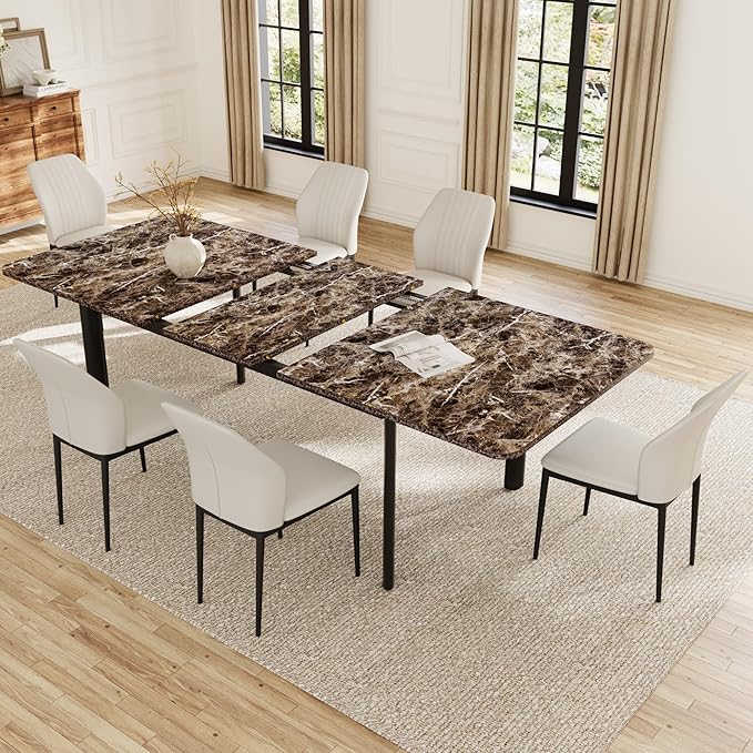 Extendable Dining Table Set for 6-8 People, 63 to 78.7 Inch MDF Kitchen Table with 6 Upholstered Chairs, Space-Saving for Dining Room, Breakfast Nook (Brown Table & 6 White Chairs)