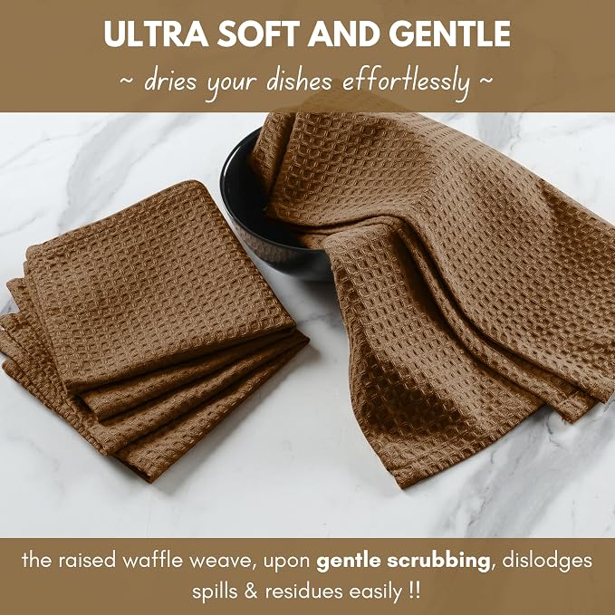 Native Fab 18 Pack Waffle Dish Cloths - 12x12 inch, 100% Cotton, Absorbent, Quick Drying, Washable & Reusable Towels for Cleaning, Cooking, Baking - Ideal for Home, Restaurants, Hotels, Cafes - Brown