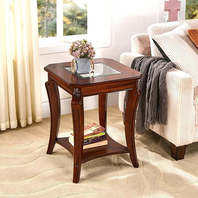 2-Set Solid Wood Side Table with Storage Shelf, 2-Tier Square End Tables Living Room, Traditional Style End Table, Vintage Beside Table with Curved Legs and Glass Tabletop, Cherry Walnut Accent Table