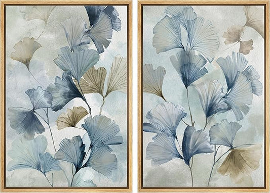 MUDECOR Framed Canvas Print Wall Art Blue Ginkgo Flower Illustrations Modern Art Decorative Bohemian Colorful Chic for Living Room, Bedroom, Office - 24"x36"x2 Natural