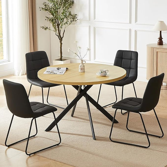 HIPIHOM 45.3 Inch Round Dining Table Set for 4, Mid Century Modern Small Coffee Set for Dining Room Kitchen Apartment (Cream Table + 4 U-Shaped Black Chairs)