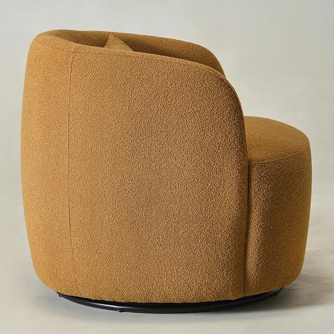 KINWELL 34" Wide Boucle Swivel Barrel Chair, No Assembly Round Upholstered Armchair Accent Chair Single Sofa Chair with Toss Pillow for Living Room and Bedroom, Brown