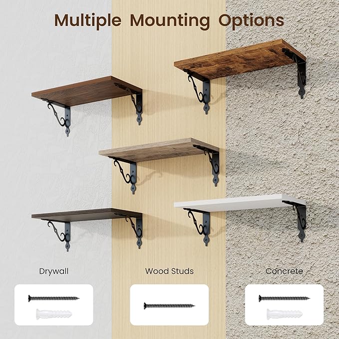 RICHFOCUS Floating Shelves for Wall Decor, 8 Inch Deep Shelves Set of 2, 16W x 8D Floating Shelves Wall Mounted with Metal Brackets, Rustic Wood Shelves for Living Room Bedroom Kitchen, Black