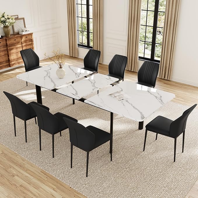 Extendable Dining Table Set for 6-8 People, 63 to 78.7 Inch MDF Kitchen Table with 8 Faux Leather Dining Chairs, Space-Saving for Dining Room, Breakfast Nook (White Table & 8 Black Chairs)