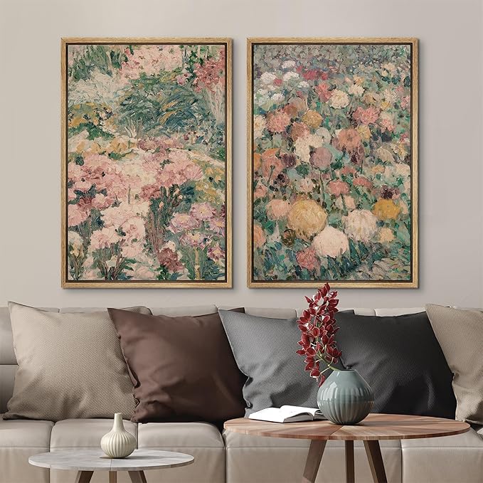 MUDECOR Framed Canvas Print Wall Art Impressionist Floral Garden Vintage Botanical Illustrations Modern Art Decorative Bohemian Colorful Chic for Living Room, Bedroom, Office - 16"x24"x2 Natural