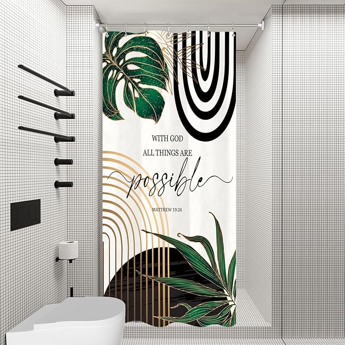 Miyotaa Stall Abstract Shower Curtain Set 36Wx71H Inches Modern Half Small Minimalist Aesthetic Bible Quotes Inspirational Contemporary Plant Leaves Tiny Bathroom Curtain with 12 Hooks