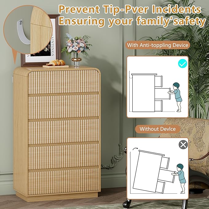 Natural Oak Dresser Fluted Tall 5 Drawer Dresser for Bedroom, Wood Chest of Drawers with Hidden Handles & Rounded Corners, Modern Storage Cabinet and Organizer Drawers for Living Room, Hallway