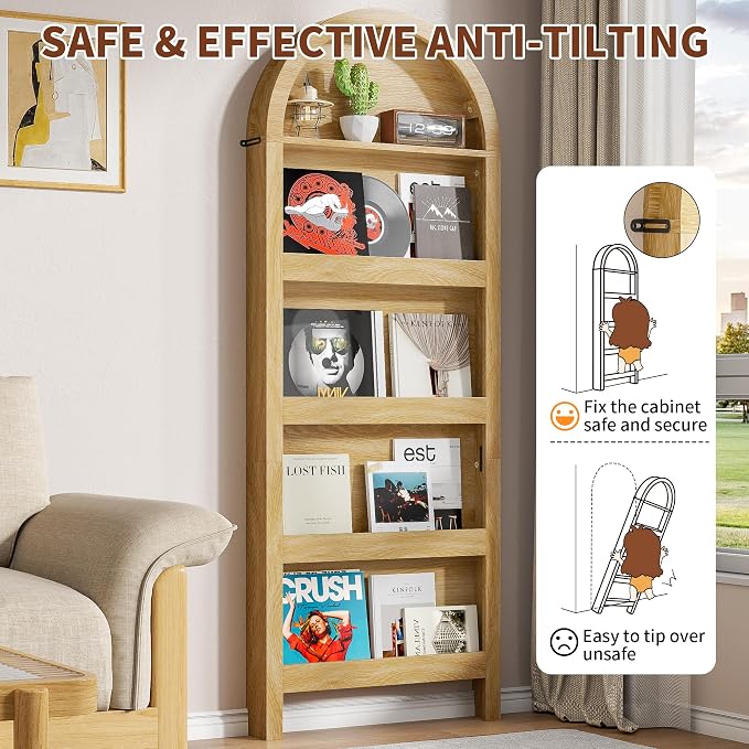 Narrow Tall Wall Mounted Bookshelf for Living Room Bedroom (Light Wood)