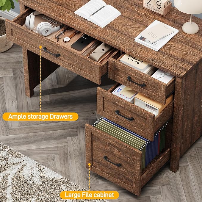 Vabches Farmhouse 47" Executive Desk, Computer Desk with File Drawer and Charging Station, Workstation for Home Office, Study.Red-Brown