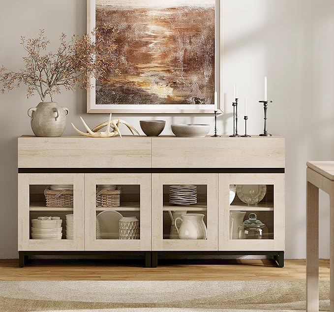 WAMPAT 63‘’ Multifunctional Sideboard Buffet Cabinets with 4 Glass Doors, Modern Sideboard Credenza, Coffee Bar Cabinet for Living Room, Kitchen, Light Oak