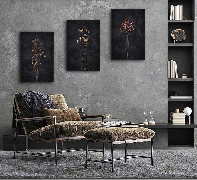3Pcs Dark Floral Canvas wall art Moody Dried Wildflower Posters Pictures Nature Wilderness Botanical Paintings Abstract Prints for Living Room Bedroom Office Modern Farmhouse Wall Decor Framed