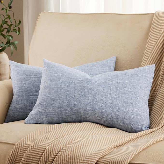 ZeeMart Rustic Cotton Linen Lumbar Throw Pillow Covers Set of 2, 12x20 Inch Blue, Farmhouse Style Decorative Couch Pillow Cases Dusty Blue Cushion Covers for Sofa Bed Living Room Home Decor