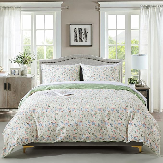 HoneiLife Duvet Dover King Size - 100% Cotton Bedlinen Set, Floral Comforter Cover with Zipper Closure & Corner Ties, 3-PC Wildflower Comforter Cover Sets
