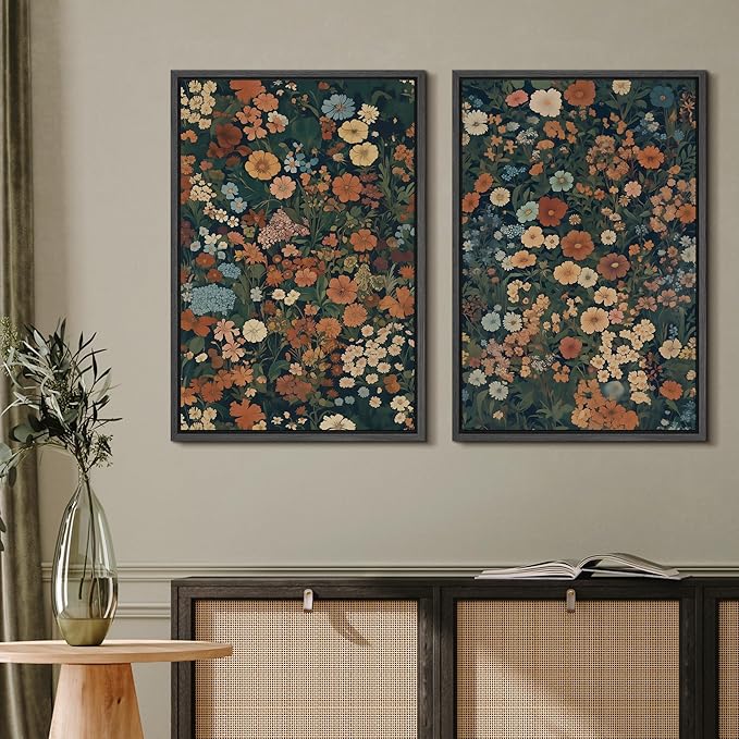 MUDECOR Framed Canvas Print Wall Art Vintage Floral Botanical Colorful Wildflowers Illustrations Modern Art Decorative Bohemian Colorful for Living Room, Bedroom, Office - 24"x36"x2 Black