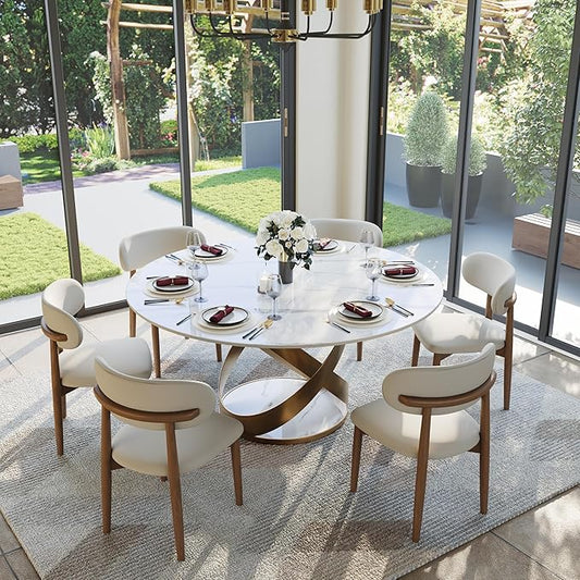 POVISON 59" Modern Round Dining Table, White Round Kitchen Table for 6, Sintered Stone Dining Room Table top with Bronze X Carbon Steel Base (Dining Table Only)