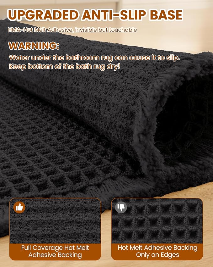 Smiry Waffle Bath Mat 47x20, Extra Soft Absorbent Bathroom Rugs, Non Slip Machine Washable Quick Dry Bath Rugs for Bathroom Floor, Tub, Shower, Home Decor Accessories, Black