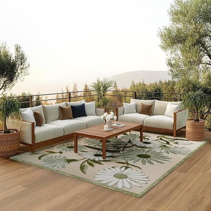 Nourison Home Aloha Ivory Green 6' x 9' Area Rug - Easy Clean, Non Shedding, Bed Room, Living Room, Dining Room, Kitchen (6' x 9')