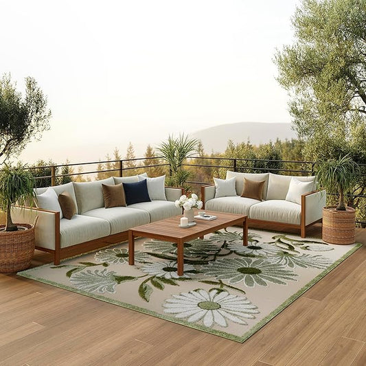 Nourison Home Aloha Ivory Green 9' x 12' Area Rug - Easy Clean, Non Shedding, Bed Room, Living Room, Dining Room, Kitchen (9' x 12')