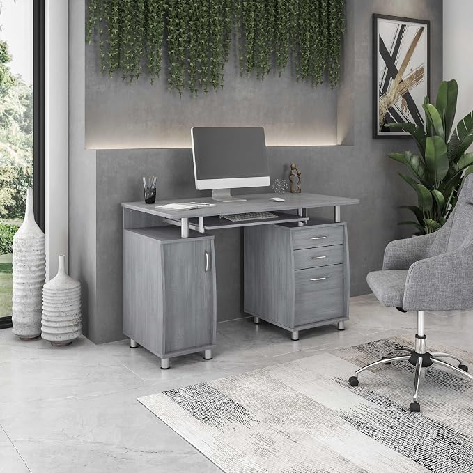 Techni Mobili 48'' W Computer Desk with File Cabinet and Drawers, Storage Cabinet with Removable Shelf and Ventilation for CPU, Home Office Desk or Computer Workstation with Keyboard Tray, Grey