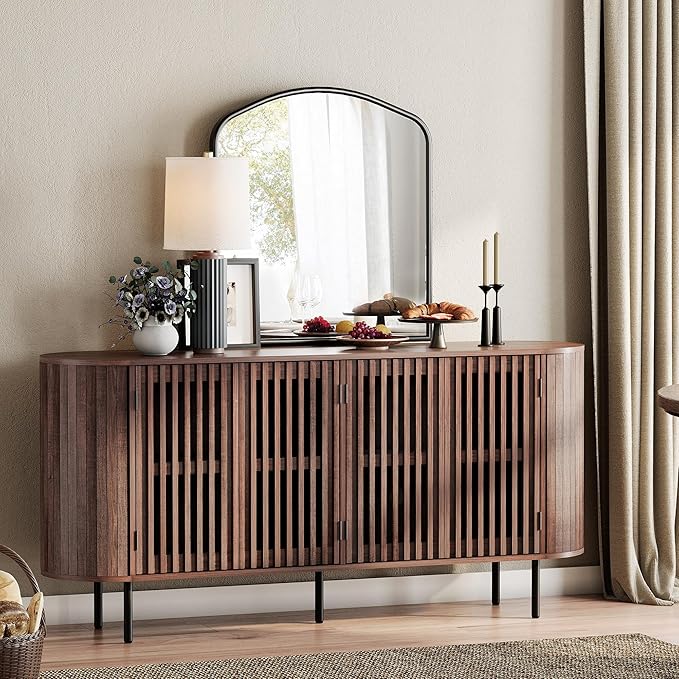 WAMPAT Sideboard Buffet Cabinet with 4 Fluted Doors,64" Wood Accent Storage Cabinet with Curved Design,Credenza for Dining Room,Hallway,Walnut