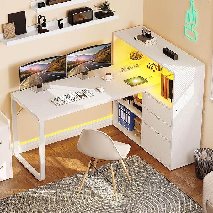 YITAHOME L Shaped Desk with Power Outlets, 55" Computer Desk with Drawers & Bookshelf, Home Office Desk with LED Lights, Corner Desk with File Cabinet, White