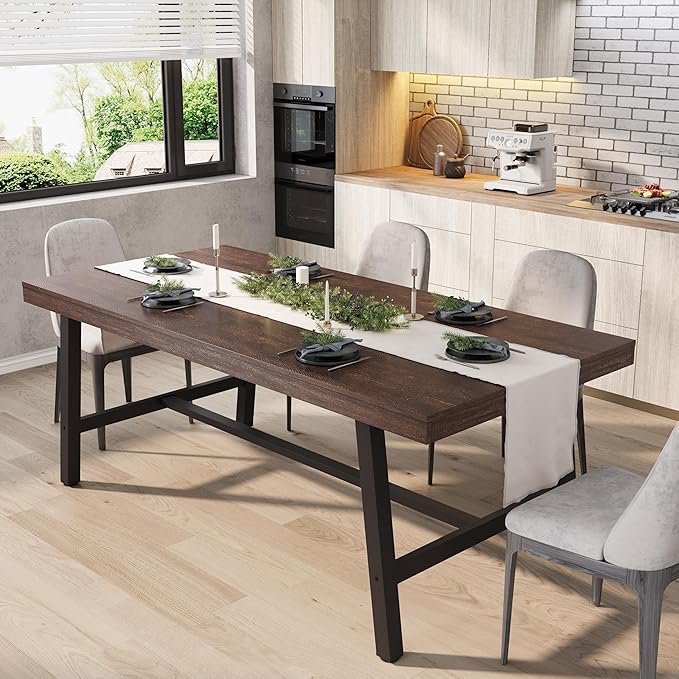 GarveeHome Industrial Dining Table for 6-8 People, 70.87" Long Wooden Kitchen Table with Sturdy Metal Frame & Finish, Seats 6 Rectangular Counter for Dinner, Kitchen, Dining Room-Rustic Birch